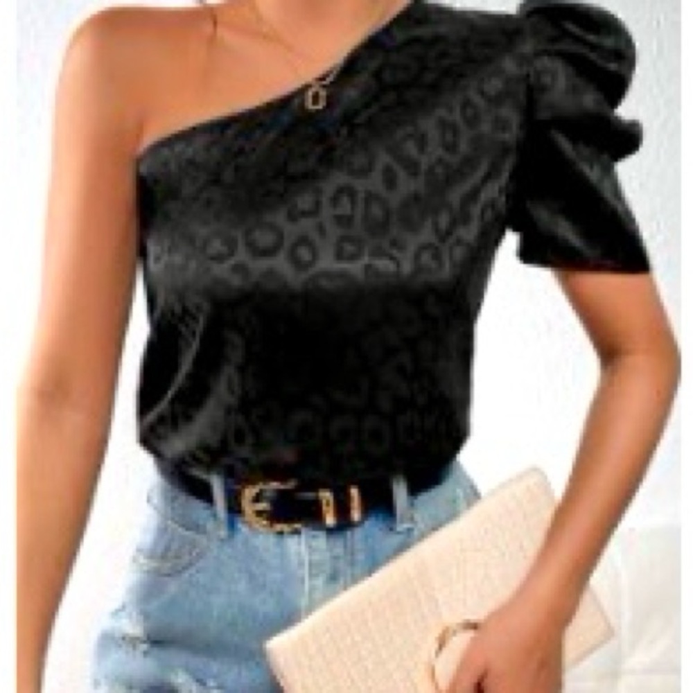 Black Satin Leopard Print One-Shoulder Top